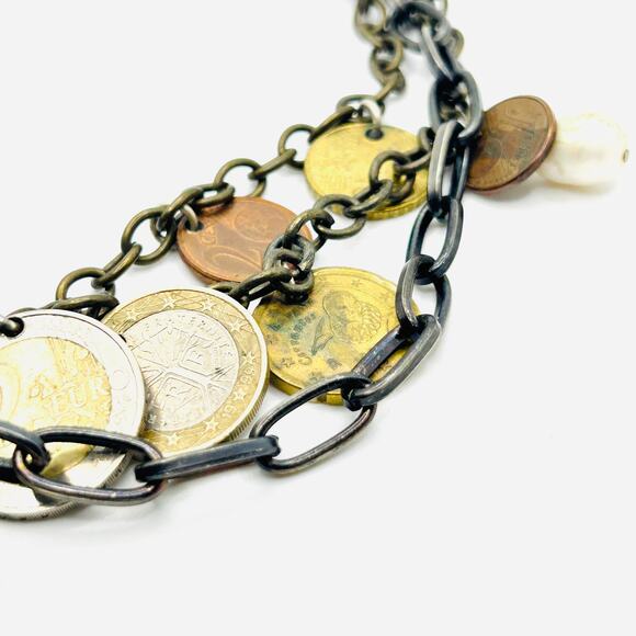 Vintage Y2K Multi-Tone Euro Coin Charm Layered Chain Necklace - Picture 5 of 8